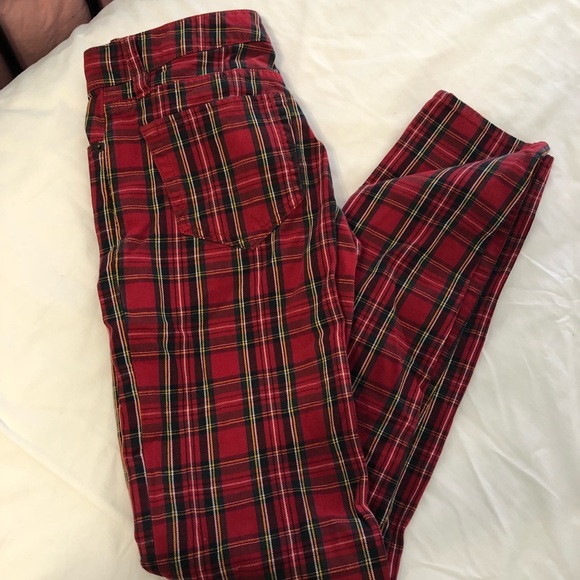 red plaid skinny jeans